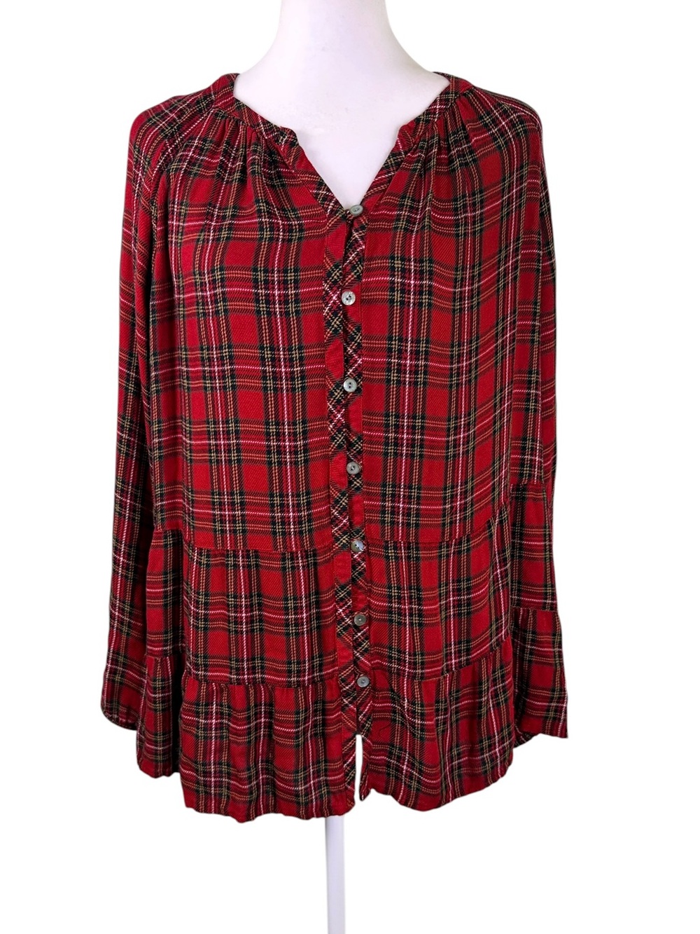 J.Jill Red Plaid Ruffle Hem Tunic Blouse Size M Cottagecore Holiday - Picture 2 of 10